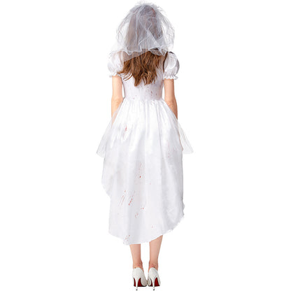 Halloween Costume Women's White Bloodstained Ghost Bridal Dress