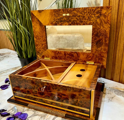 13 X 8 In Luxury Jewelry Burlwood Box Inlaid With Mother Of Pearl, Lockable Handmade Anniversary Gift Box With Mirror Inside Decorative Box, Memory Box, Christmas Gift