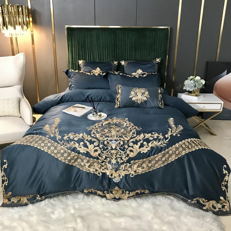 Parure de lit et housse de couette en coton Tencel brodée en quatre pièces