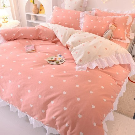 Ins Fashion Solid Cotton Bedding Set with Fitted Bed Sheet Cute Princess AB Double Sided Ruffle Quilt Cover Pillowcase Full Size