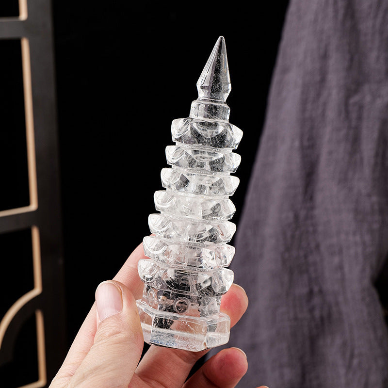 Natural White Crystal Man Cheong Pagoda Table Ornament