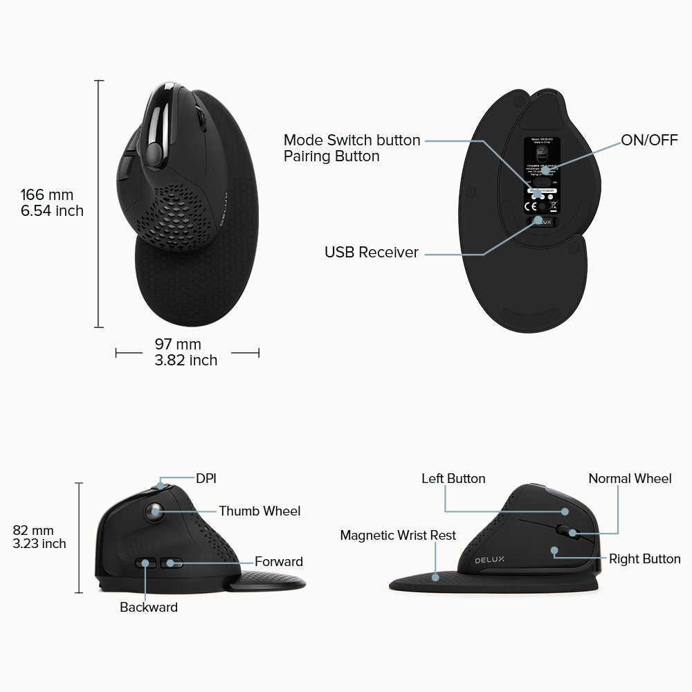 Ratón recargable Bluetooth ergonómico de tres modos con rueda de pulgar M618XSD