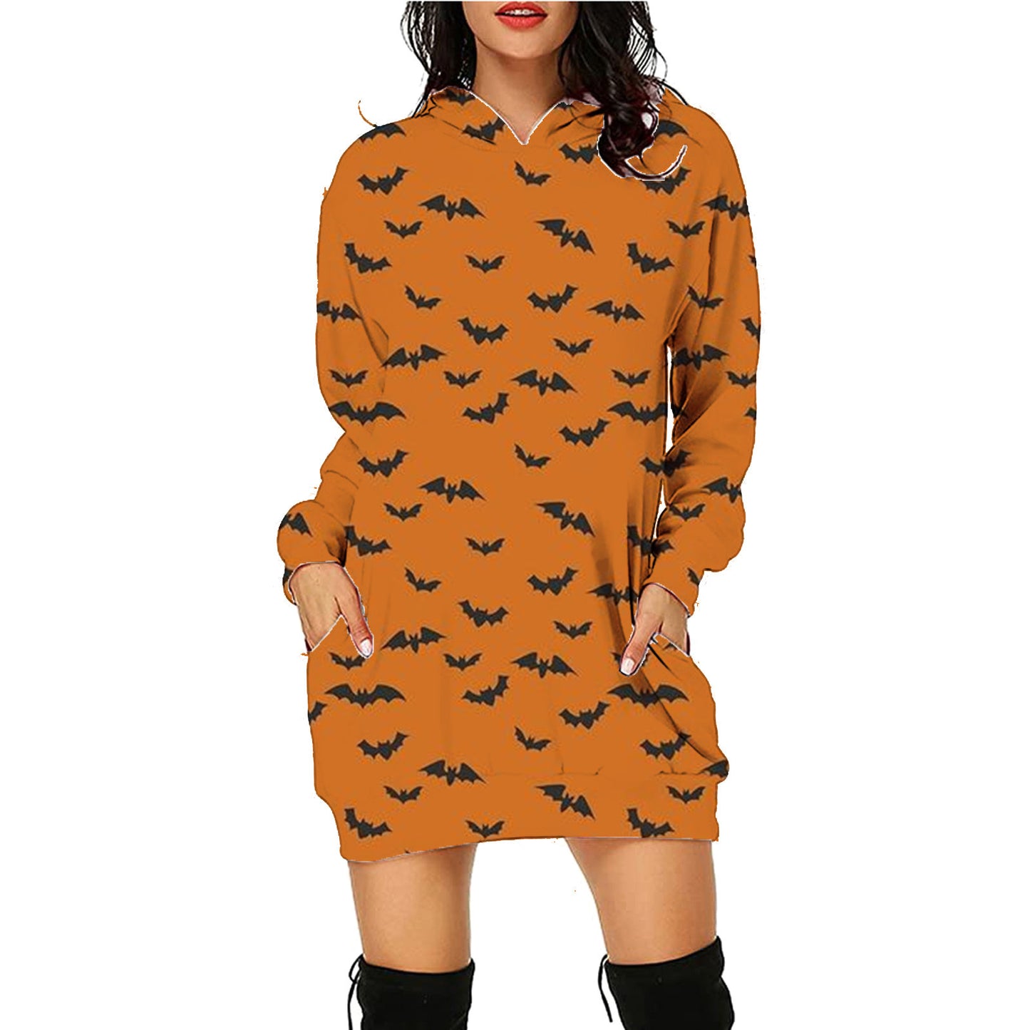 Sweat à capuche long imprimé Halloween avec poches, pull à manches longues, vêtements pour femmes