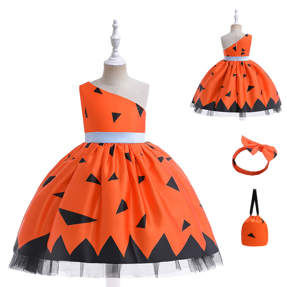 Vestido de Halloween para niñas con estampado divertido de princesa y bandolera