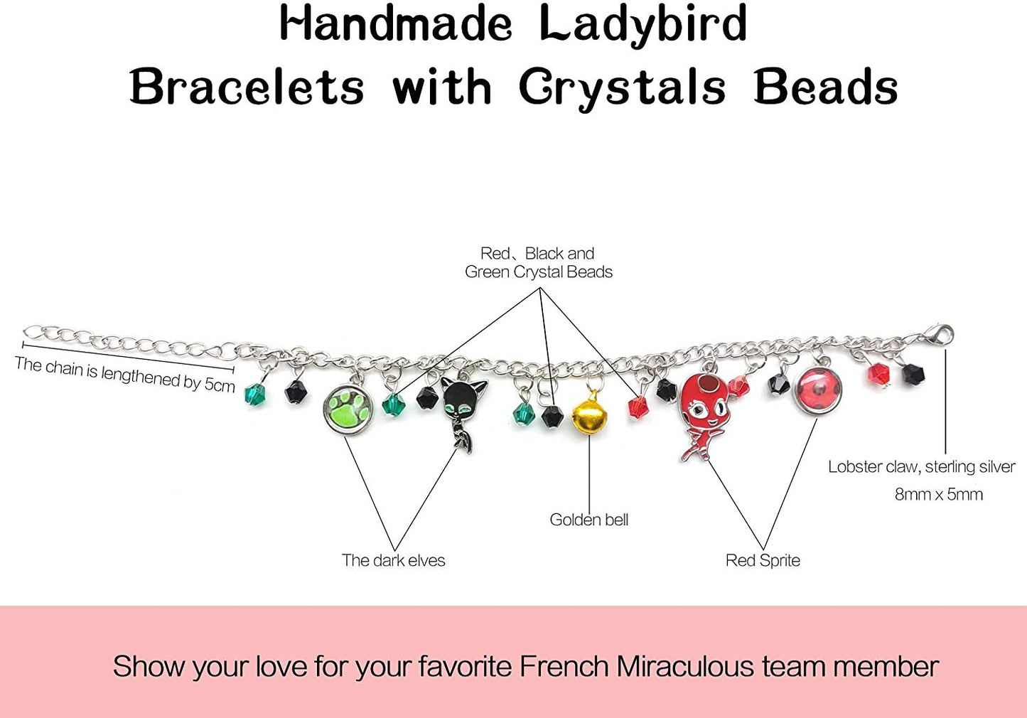 Bracelet coccinelle super-héros et chat, breloque avec perles de cristal pour enfants, bijoux réglables Cosplay