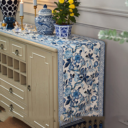 Table en porcelaine bleue et blanche, Style drapeau, tissu de Table à thé, coton et lin