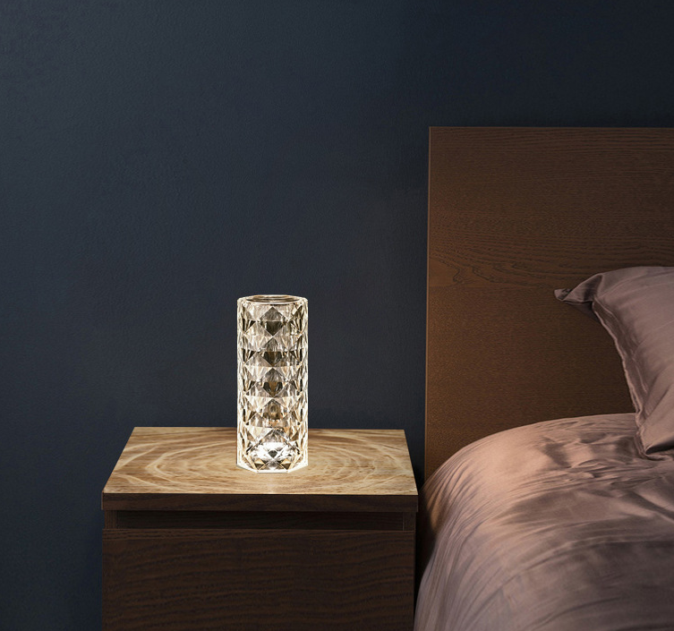 Lámpara de cristal nórdica, lámparas de mesa USB, atmósfera de atenuación táctil para dormitorio, luz nocturna de diamante, lámpara de proyector rosa, decoración