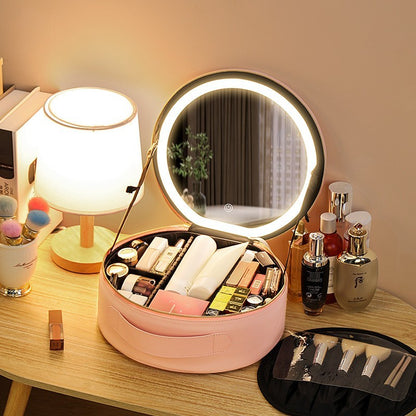 Bolsa de maquillaje LED inteligente redonda con luces de espejo, bolsa de belleza para mujer, organizador de viaje de cuero PU de gran capacidad, estuche de cosméticos