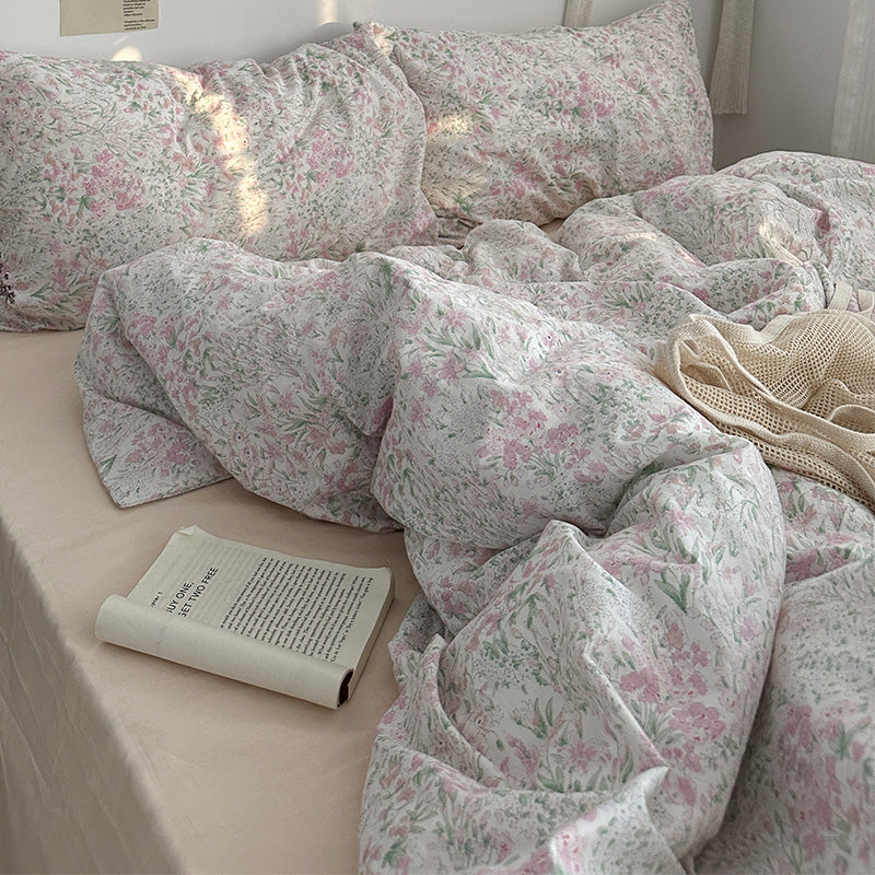 Juego de cama femenino de verano de 4 piezas con cama de algodón floral pequeña para jardín