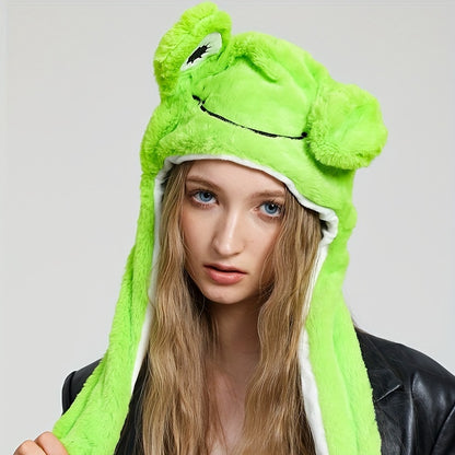 Lindo gorro con orejas móviles de animal, lindo gorro de peluche con forma de panda, perro, rana, cachorro, gorro con orejeras para fiesta de Halloween y cosplay para mujer