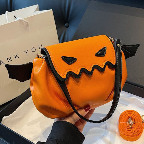 Bolso cruzado divertido, bandoleras con dibujos de calabaza de Halloween y alas pequeñas, bolso femenino creativo personalizado