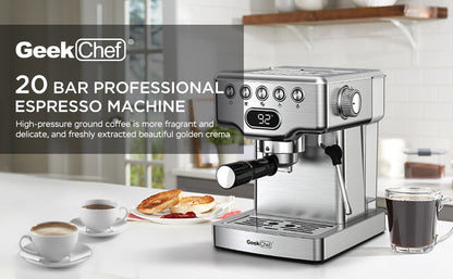 Machine à expresso Geek Chef, machine à expresso 20 bars avec mousseur à lait pour latte, cappuccino, macchiato, pour machine à expresso domestique, réservoir d'eau de 1,8 L, acier inoxydable, interdiction sur Amazon