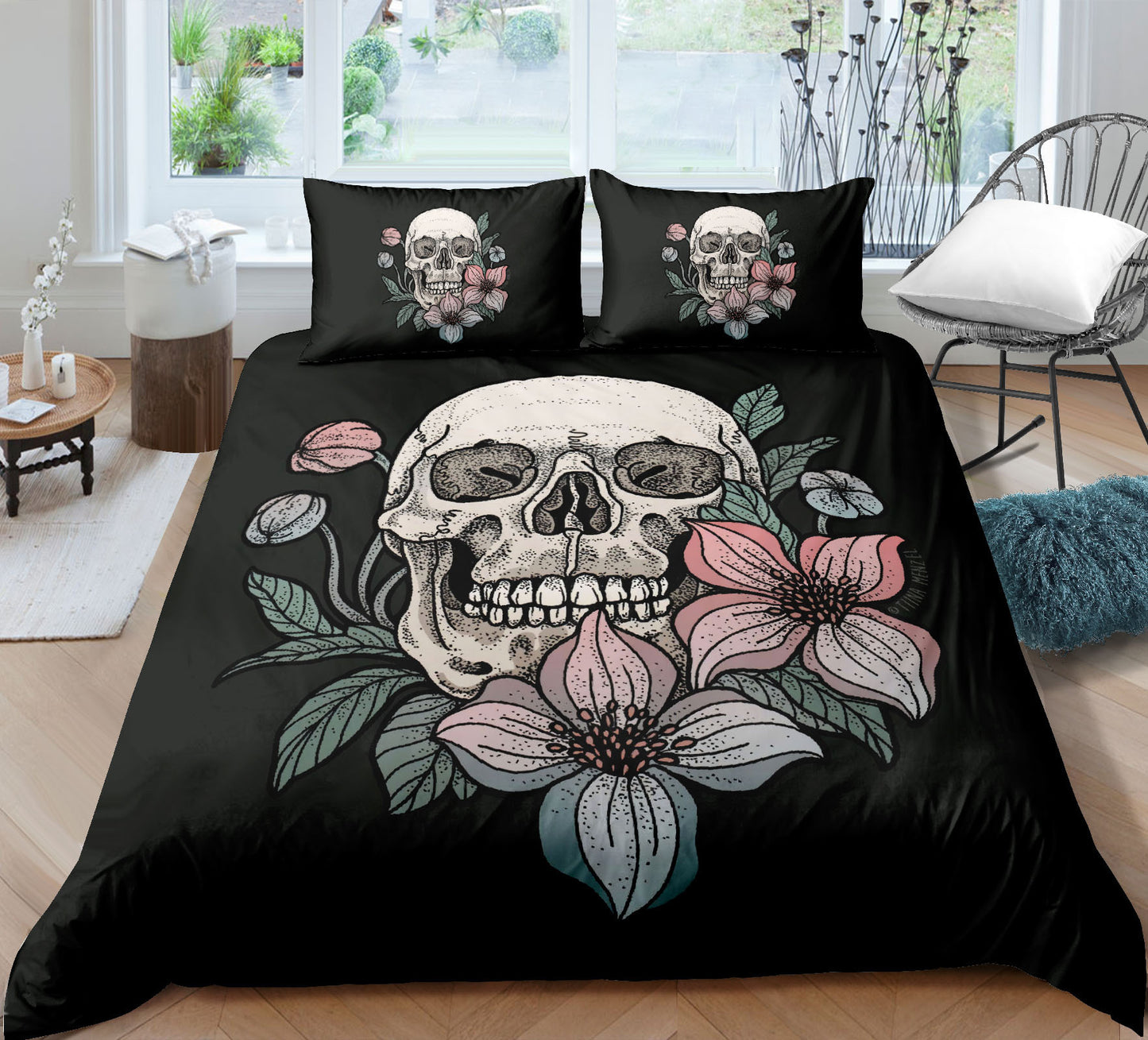 Juego de sábanas y fundas de edredón y almohadas con estampado digital 3D de calaveras de moda de tres piezas