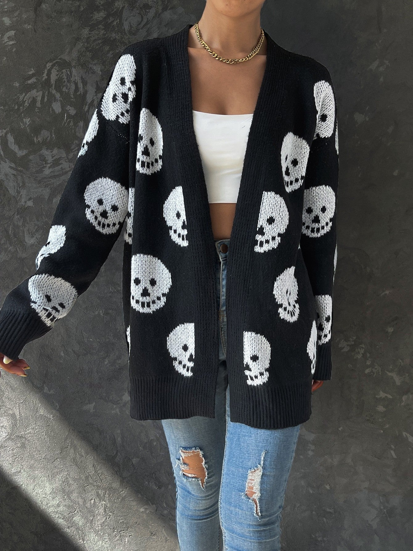 Cardigan à manches longues en tricot jacquard à motif tête de mort pour femme, style décontracté, à la mode, pour Halloween