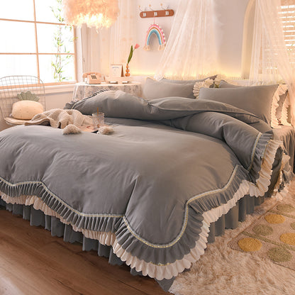 Light Luxury Nude Sleeping Princess Style Four-piece Lotus Leaf Lace Double Bed Sheet Duvet Cover With Bed Skirt Girl Solid Color Bed