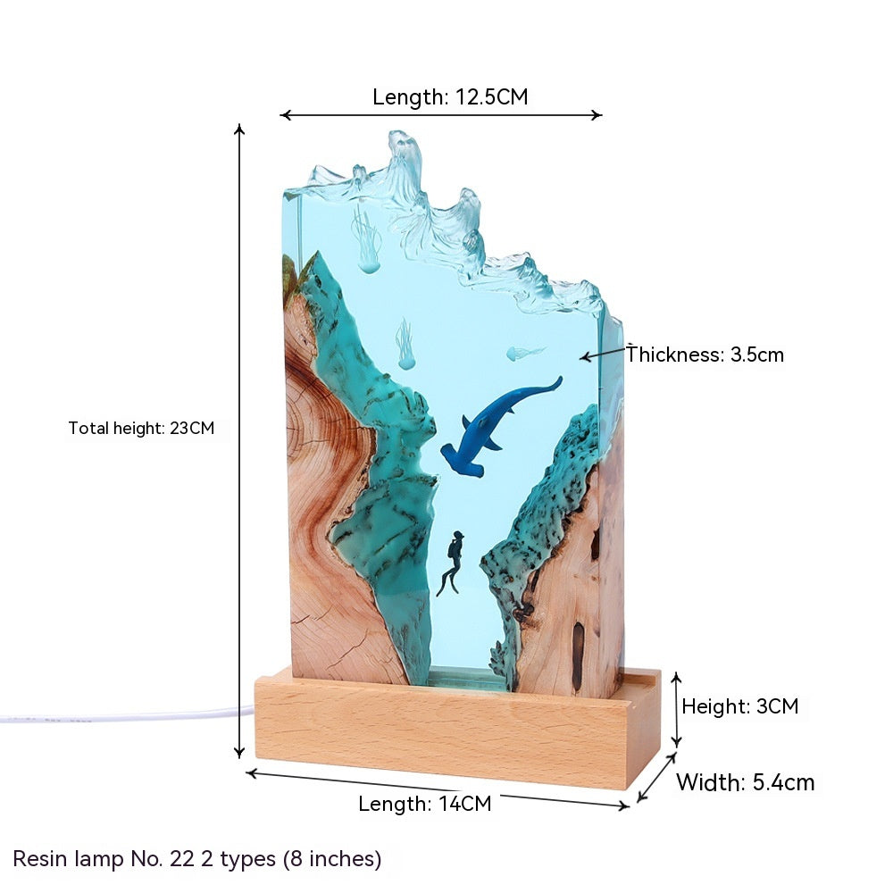 Adorno para el hogar, decoración artística de buzo de ballena, luz nocturna de resina de madera maciza
