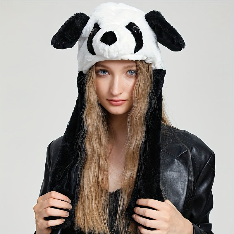 Lindo gorro con orejas móviles de animal, lindo gorro de peluche con forma de panda, perro, rana, cachorro, gorro con orejeras para fiesta de Halloween y cosplay para mujer