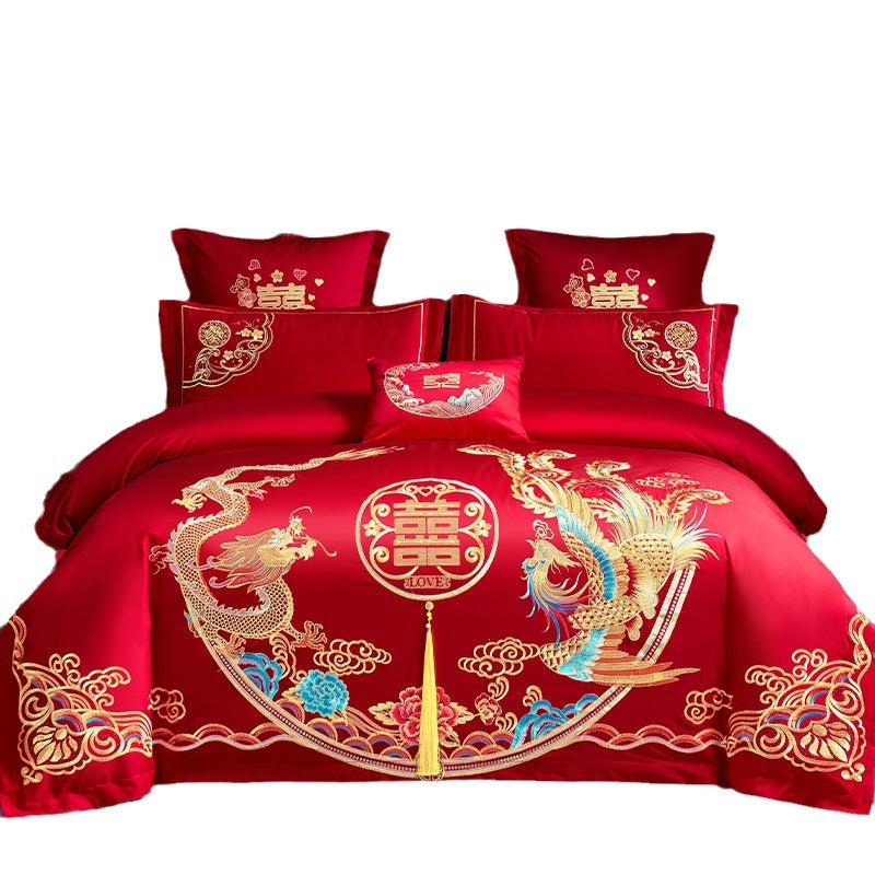 Conjunto de cuatro piezas para boda roja, venta al por mayor, ropa de cama bordada de algodón puro para boda, edredón Xi para cama de matrimonio, dragón y fénix