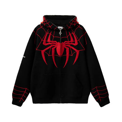 Sudadera con capucha y cremallera estilo hip hop con diseño de telaraña para Halloween