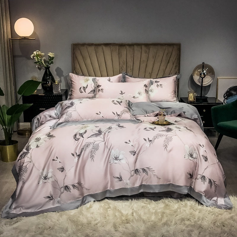 Double Sided Silk Printed Bed Set Of Four Pieces With Ice Silk