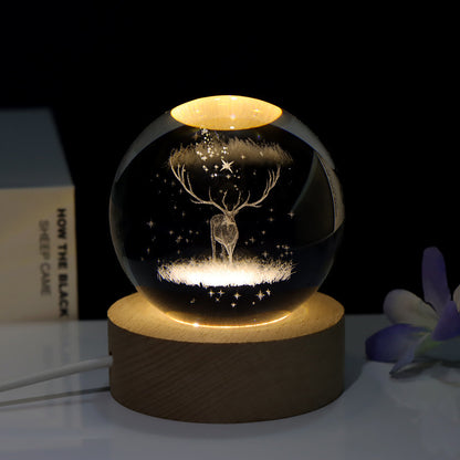 Lámpara de noche pequeña para dormitorio con bola de cristal tallada con láser en 3D creativa