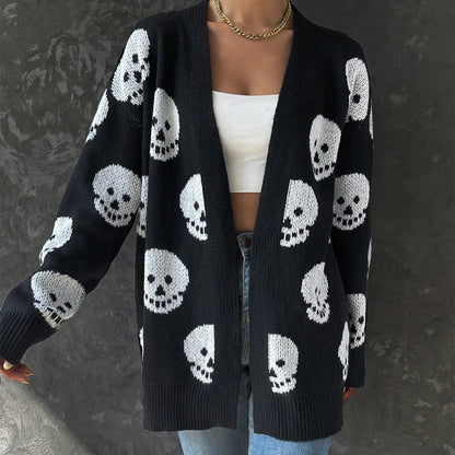 Cardigan à manches longues en tricot jacquard à motif tête de mort pour femme, style décontracté, à la mode, pour Halloween