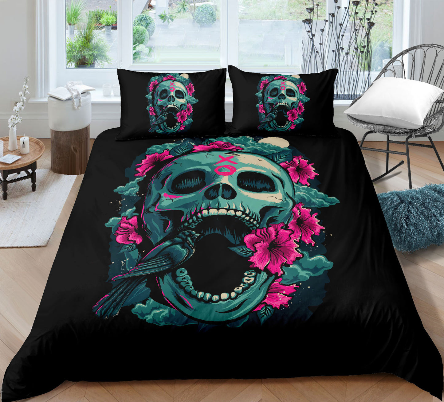 Juego de sábanas y fundas de edredón y almohadas con estampado digital 3D de calaveras de moda de tres piezas