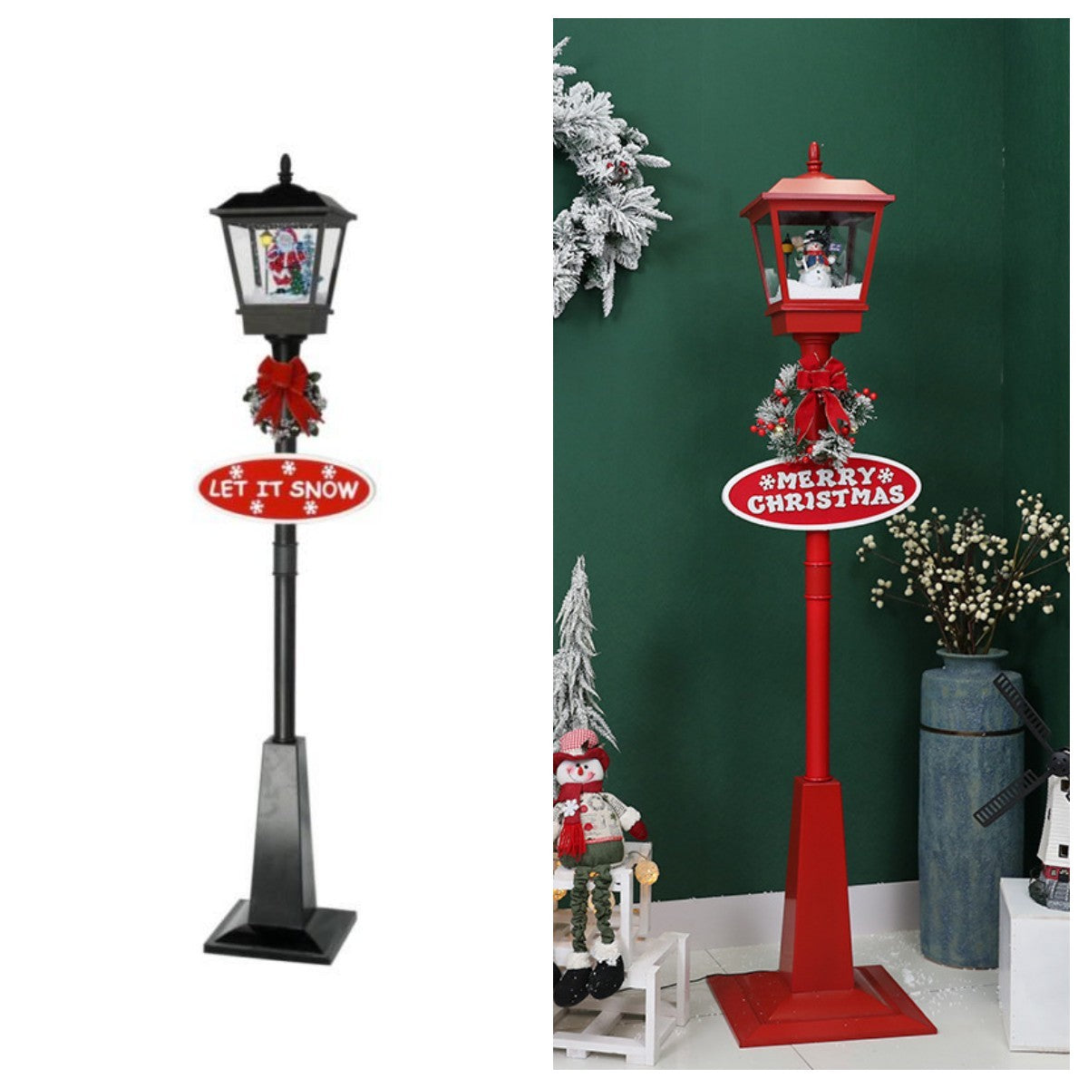 Santa Claus Snowman Christmas Tree Snowing Street Light