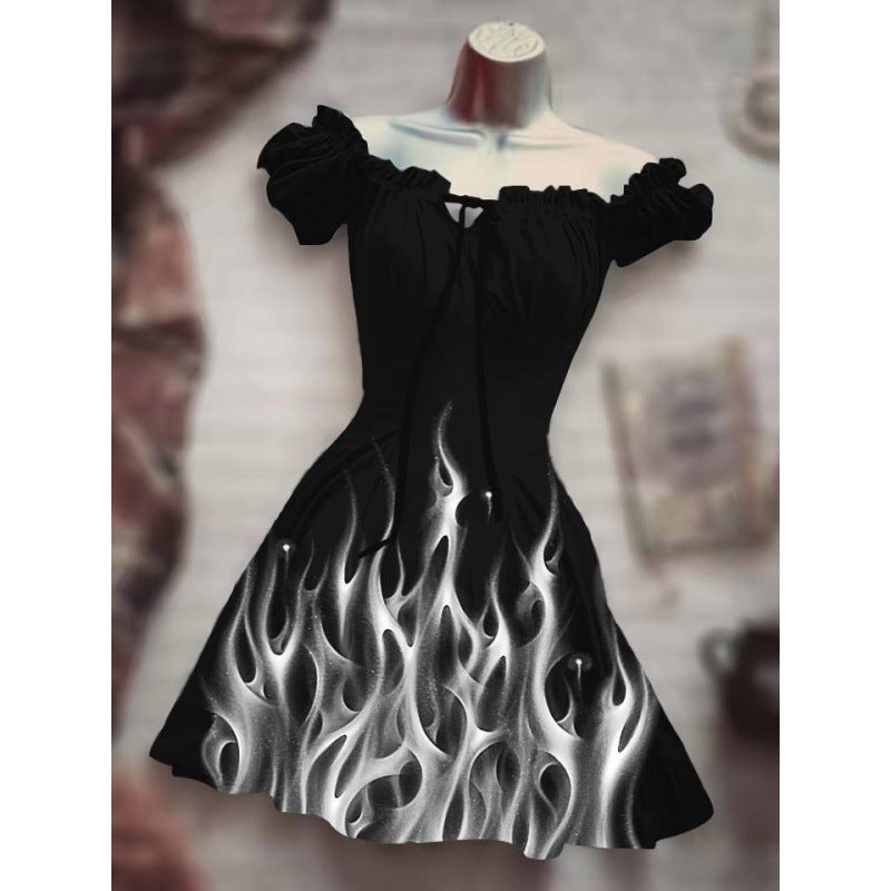 Women's Fashion Temperament Commute Halloween Drawstring Puff Sleeve High Waist Dress