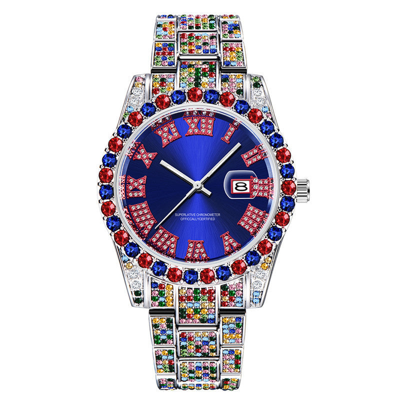 Relojes de cuarzo con fecha y diamantes completos en color a la moda para hombres de Hip Hop