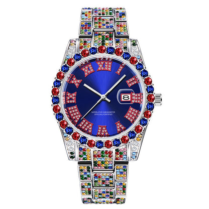 Relojes de cuarzo con fecha y diamantes completos en color a la moda para hombres de Hip Hop