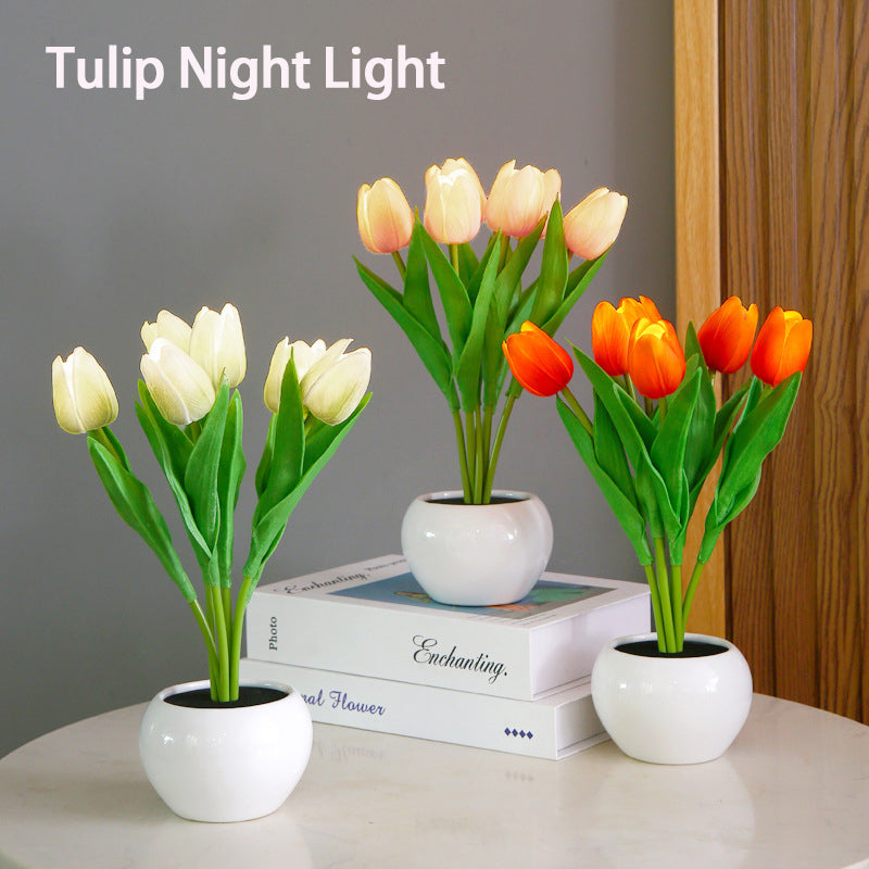 Luz LED nocturna de flor de tulipán, maceta Artificial, paisaje de plantas en maceta, lámpara de mesa, decoración para el hogar, dormitorio y sala de estar, regalo