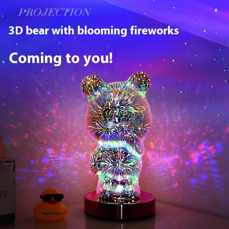 3D Glass Multicolor Fireworks Finger Bear USB Dream Atmosphere Bedside Lamp