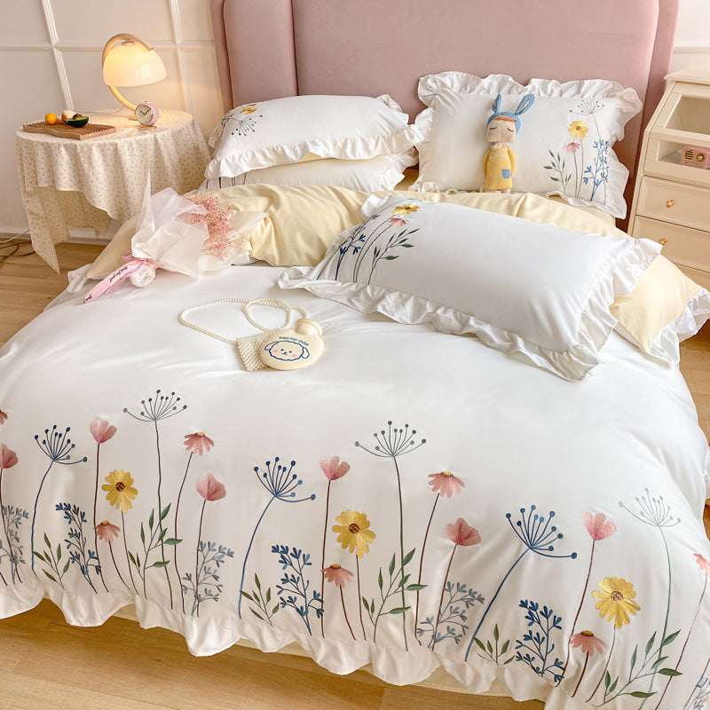 Four-piece Embroidered Quilt Cover For Washed Cotton Bed