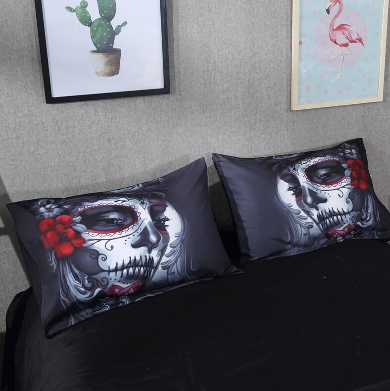 Parure de lit noire avec tête de mort et drap de lit de style Halloween, Queen, King, double, en coton mélangé, avec housse de couette et tête de mort