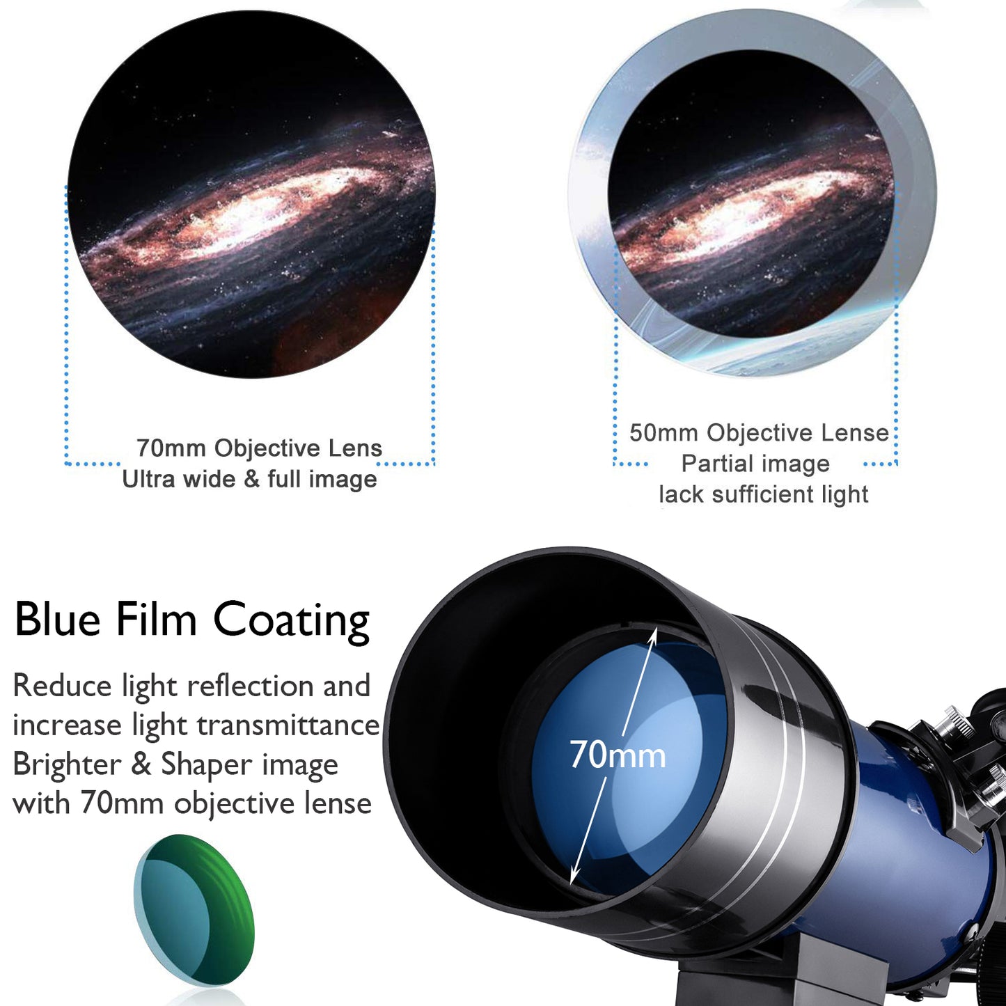 Telescopio astronómico Telescopio refractor de 70 mm Observación de la Luna para niños Adultos Principiantes en astronomía Lente 16X 67X con Visor