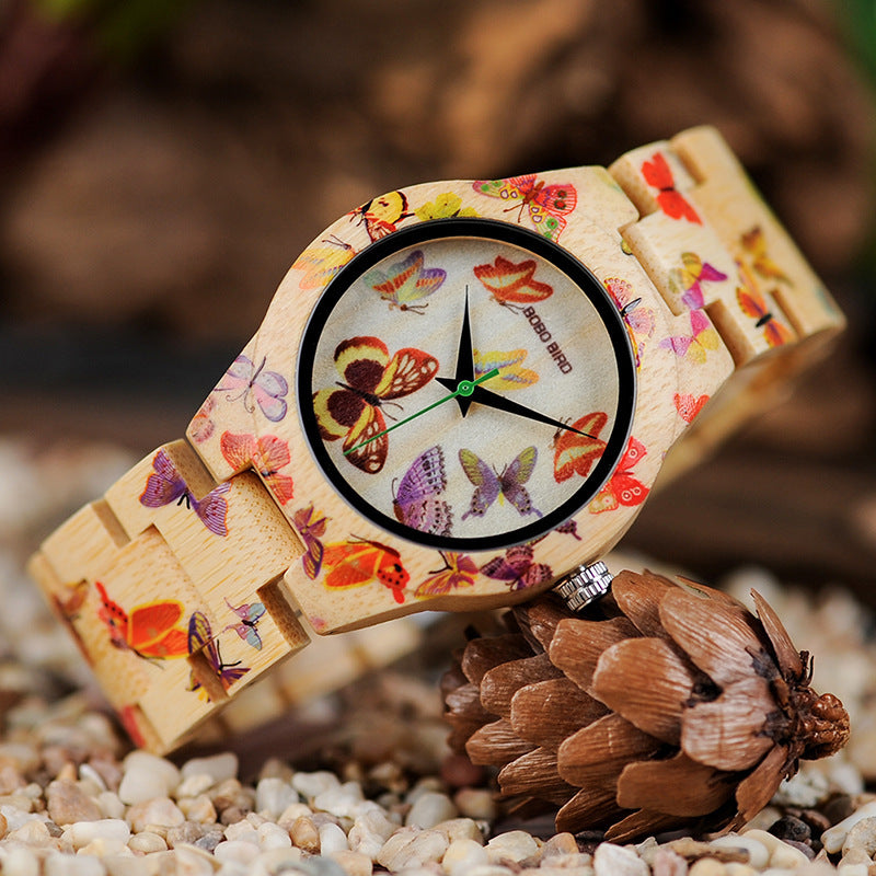 BOBO BIRD O20 Relojes con estampado de mariposas para mujer Reloj de pulsera de cuarzo totalmente fabricado en bambú para mujer en caja de regalo de madera