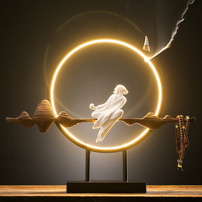 Nueva lámpara LED Zen china, círculo de madera desgastada, decoración de porcelana blanca, decoración creativa para mesa de salón de té y porche de casa