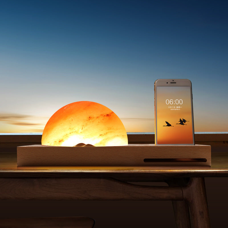 Sunrise Oriental led gift table lamp salt lamp with mobile phone wireless charging solid wood base mineral salt lamp shade