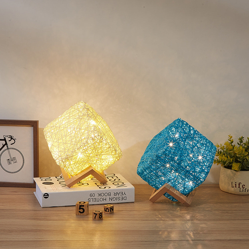 Luces de escritorio LED cuadradas regulables tejidas a mano, hilo de mimbre de madera, lámpara de mesa con carga USB, regalo para dormitorio de niñas, decoración del hogar, iluminación nocturna