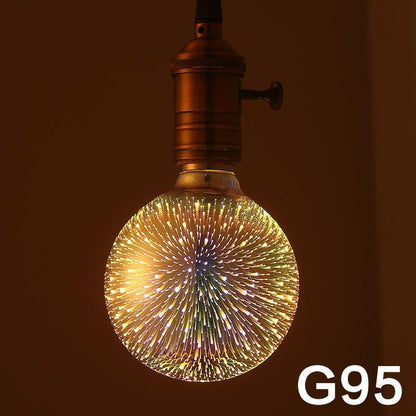 Bombilla LED decoración 3D fuegos artificiales 110 220V ST64 G95 G80 G125 A60 botella corazón luces navideñas novedad lámpara de Navidad