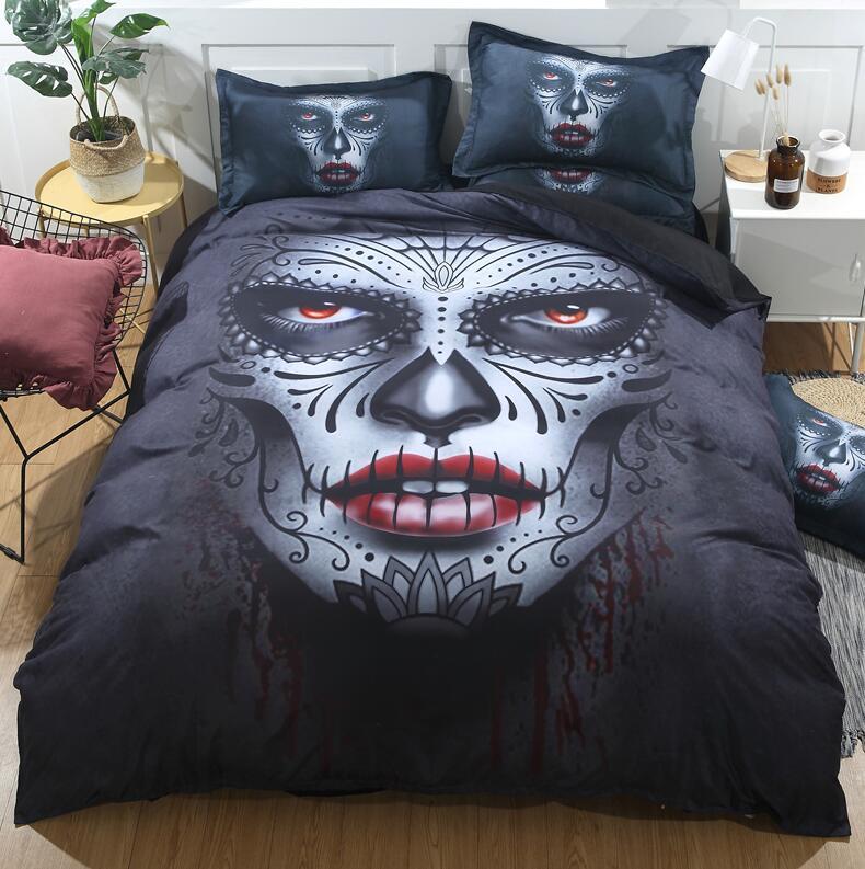 Juego de cama con calavera negra, estilo Halloween, sábanas para cama tamaño queen, king y doble, juego de funda nórdica con calavera y flores de mezcla de algodón