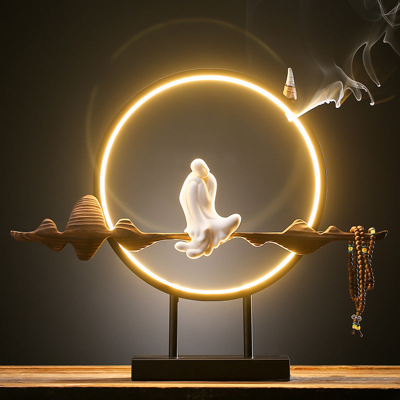 Nueva lámpara LED Zen china, círculo de madera desgastada, decoración de porcelana blanca, decoración creativa para mesa de salón de té y porche de casa