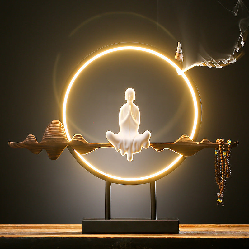 Nueva lámpara LED Zen china, círculo de madera desgastada, decoración de porcelana blanca, decoración creativa para mesa de salón de té y porche de casa