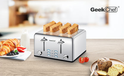 Interdire les étagères en Amazonie. Grille-pain 4 tranches, grille-pain extra-large en acier inoxydable Geek Chef avec deux panneaux de commande de bagel, dégivrage, fonction d'annulation, interdiction d'Amazon