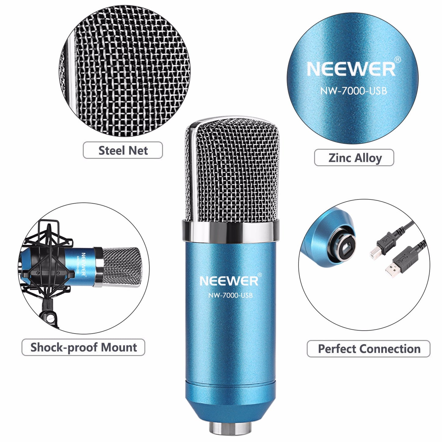 Neewer NW-7000 Micrófono Condensador de Estudio Profesional USB y Soporte de Brazo de Tijera de Suspensión Ajustable NW-35 con Montaje Antichoque y Kit de Abrazadera de Montaje en Mesa Perfecto para Radiodifusión y Grabación de Sonido