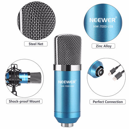 Neewer NW-7000 Microphone à condensateur de studio professionnel USB et support de bras à ciseaux à suspension réglable NW-35 avec support anti-choc et kit de pince de montage sur table parfait pour la diffusion et l'enregistrement sonore