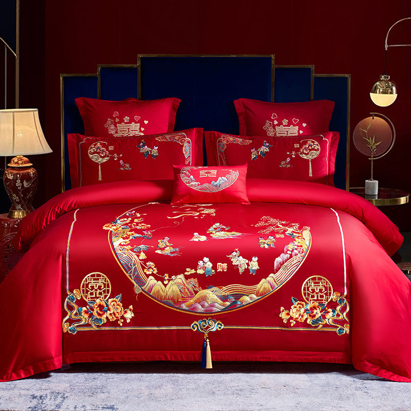 Conjunto de cuatro piezas para boda roja, venta al por mayor, ropa de cama bordada de algodón puro para boda, edredón Xi para cama de matrimonio, dragón y fénix