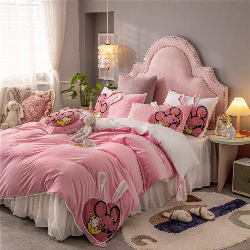 Housse de couette chaude rembourrée en velours corail Jupe de lit coupe-vent princesse