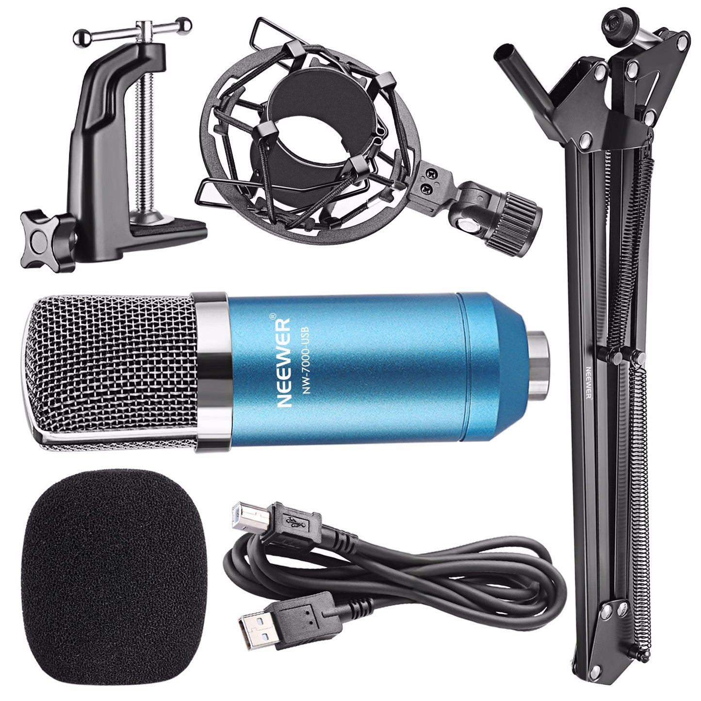 Neewer NW-7000 Micrófono Condensador de Estudio Profesional USB y Soporte de Brazo de Tijera de Suspensión Ajustable NW-35 con Montaje Antichoque y Kit de Abrazadera de Montaje en Mesa Perfecto para Radiodifusión y Grabación de Sonido